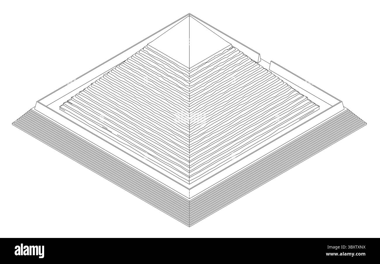 Una piramide è mostrata in bianco e nero. La piramide è molto alta e ha un punto molto affilato in cima. La piramide è molto dettagliata e ha molto di t Illustrazione Vettoriale