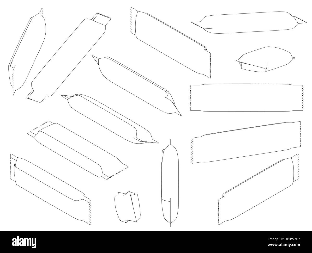 Una serie di snack diversi viene disegnata in nero. Gli snack hanno tutte le stesse dimensioni e sono disposti in una griglia. Gli spuntini sono tutti rettangoli Illustrazione Vettoriale