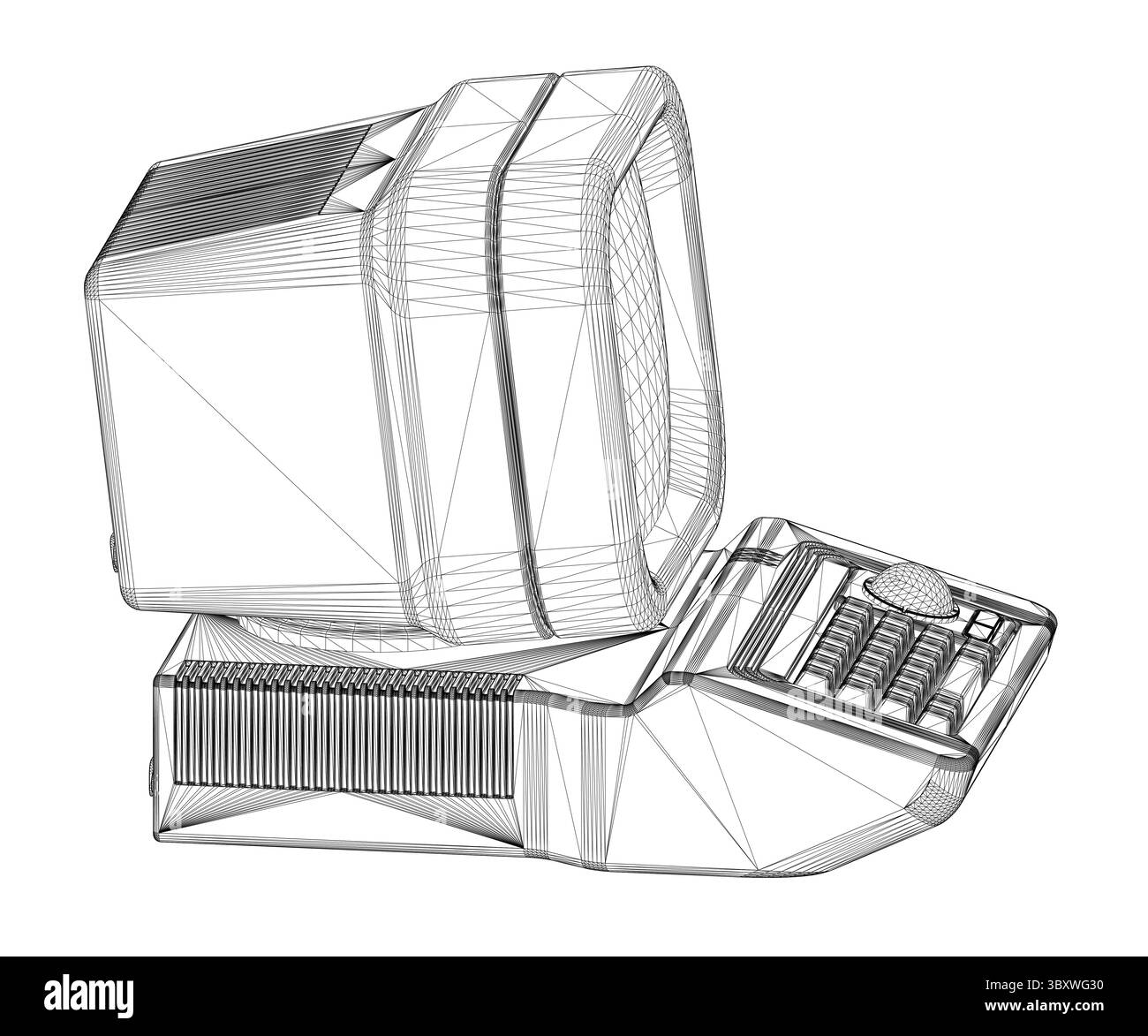 La tastiera e il monitor di un computer sono visualizzati in un disegno in bianco e nero. La tastiera è posizionata sulla parte superiore del monitor, posizionato su un tavolo. Illustrazione Vettoriale