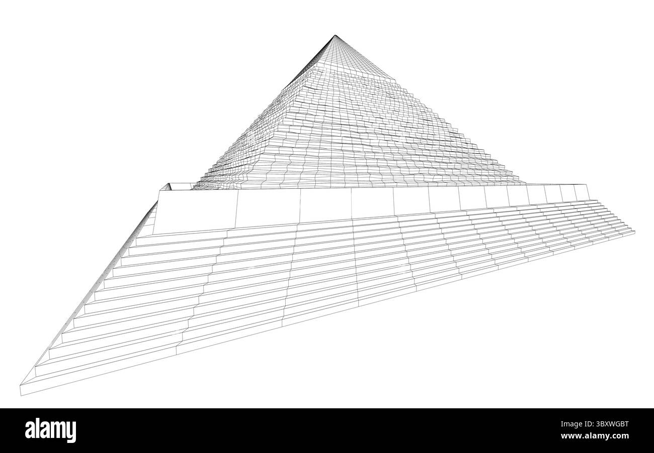 Una piramide è mostrata in bianco e nero. La piramide è molto alta e ha un punto molto affilato in cima Illustrazione Vettoriale