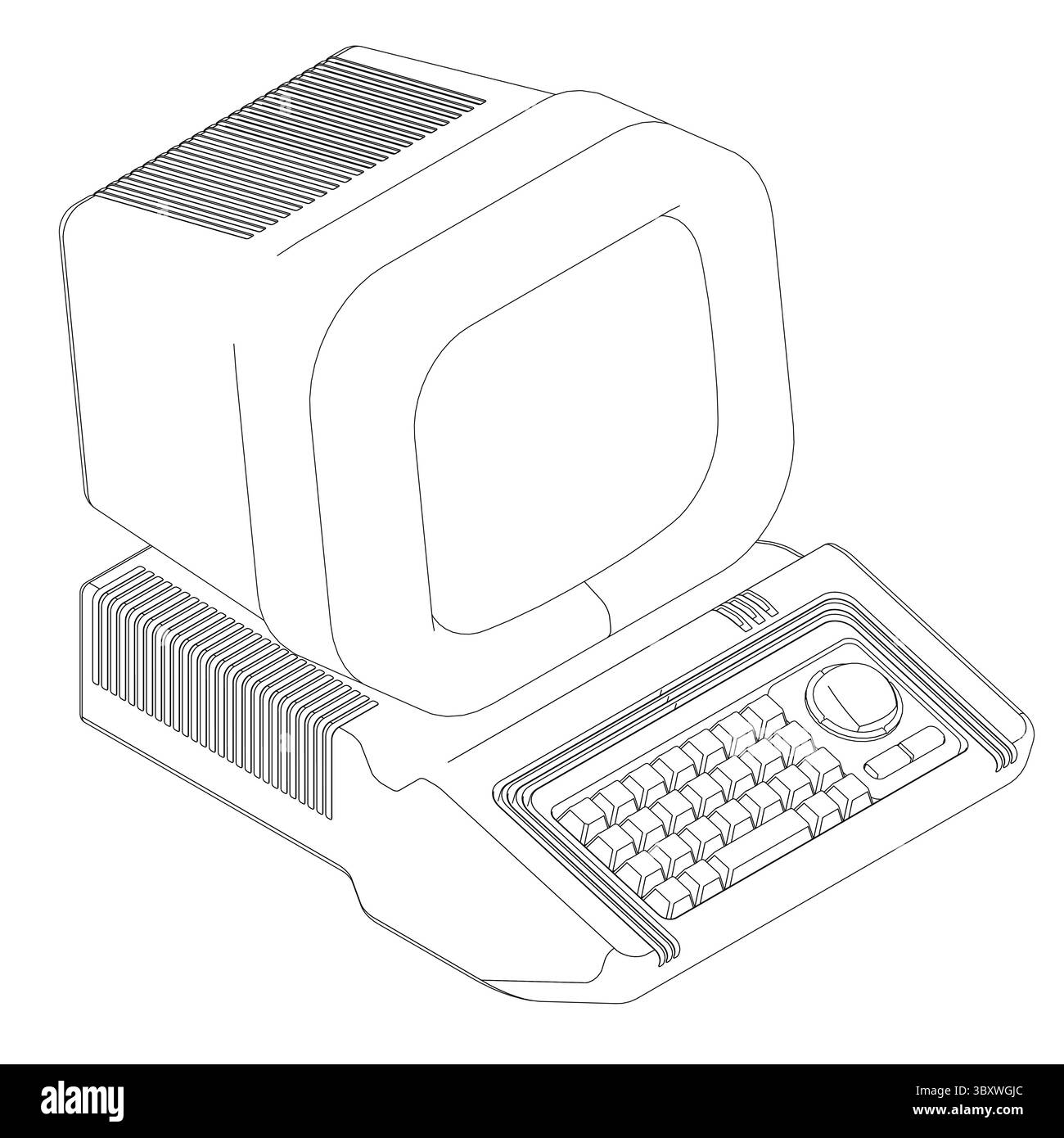 Un computer retro con tastiera e monitor. Il computer è vecchio e ha uno schermo bianco e nero. Vista isometrica Illustrazione Vettoriale