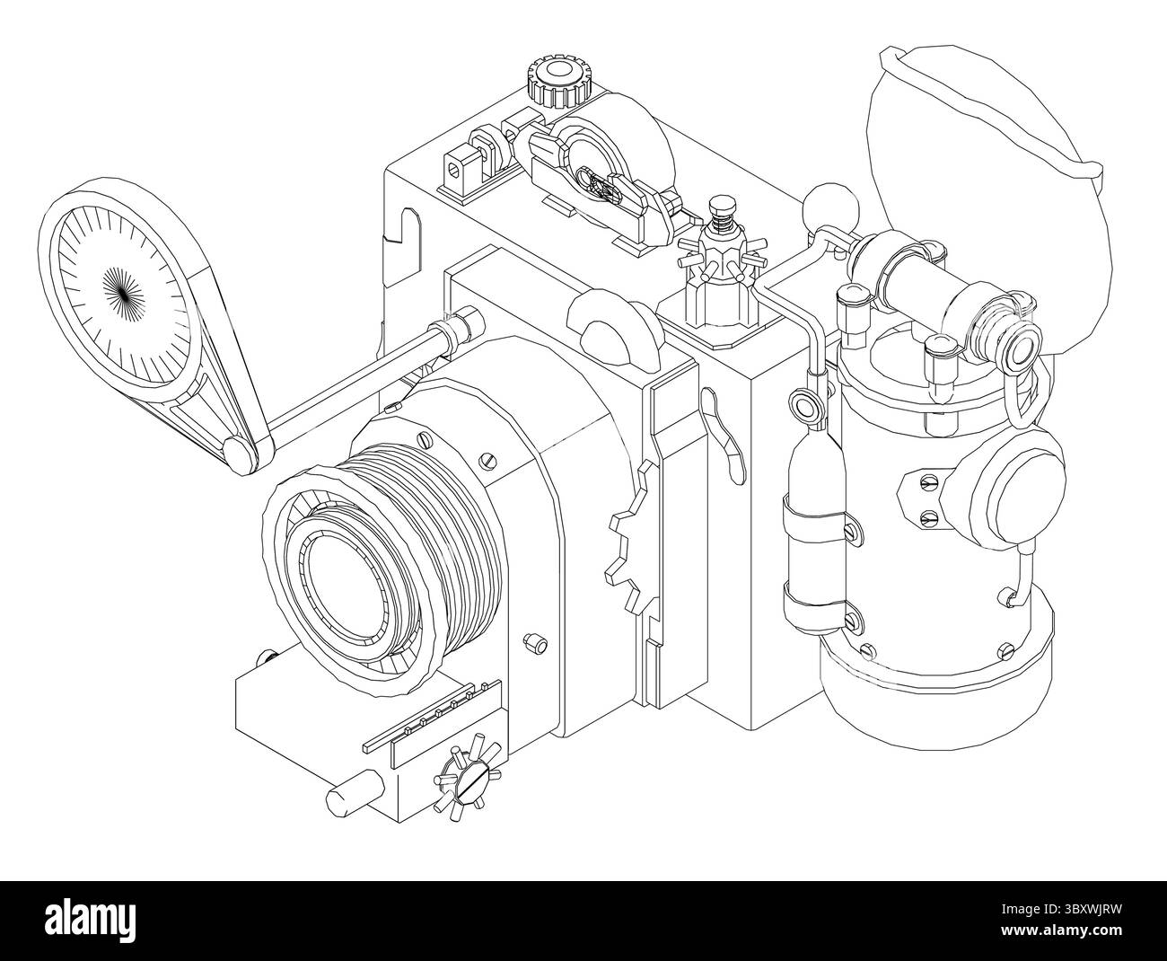 Fotocamera steampunk con componenti meccanici esposti, ingranaggi ed elementi di design vintage. Combina estetica industriale con macchinari complessi Illustrazione Vettoriale