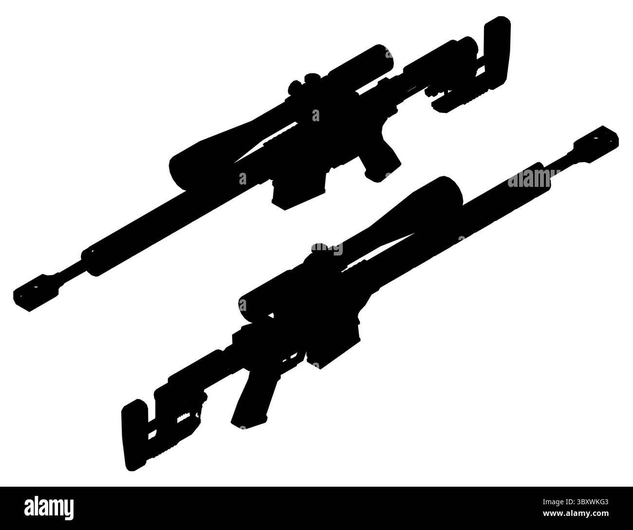 Due pistole sono mostrate con una silhouette bianca e nera. Le pistole sono posizionate l'una accanto all'altra, con una pistola leggermente a sinistra dell'altra. Concep Illustrazione Vettoriale
