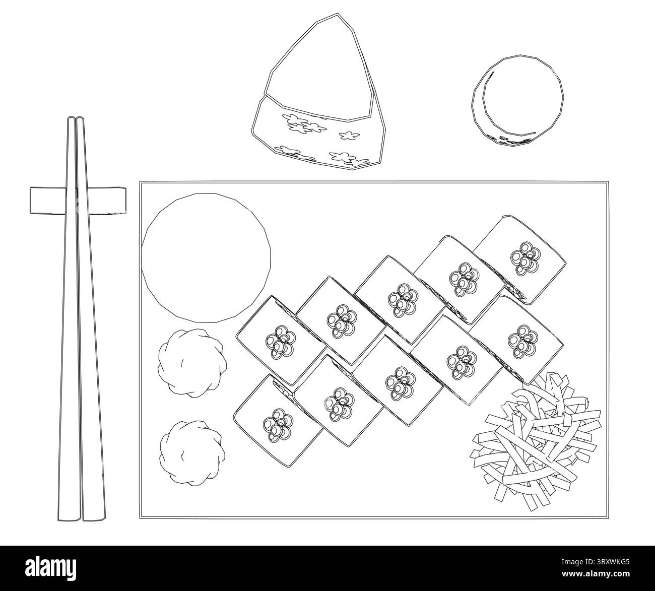 Un disegno di un piatto di cibo con bacchette e un piccolo fiore su di esso. La scena è spensierata e giocosa Illustrazione Vettoriale