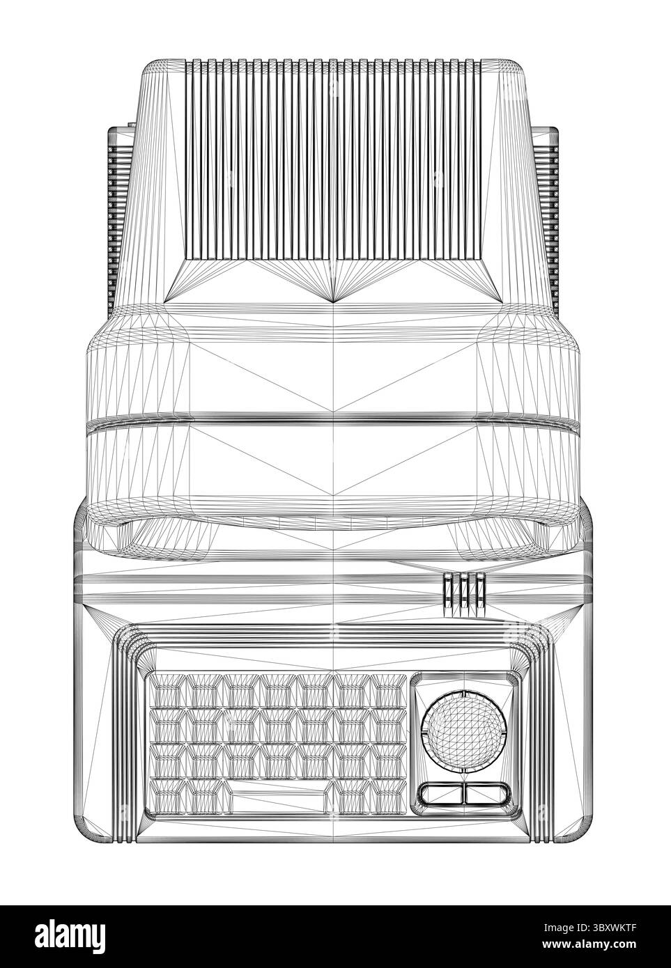 La tastiera e il monitor di un computer sono visualizzati in un disegno in bianco e nero. La tastiera è posizionata sulla parte superiore del monitor, posizionato su un tavolo. Illustrazione Vettoriale