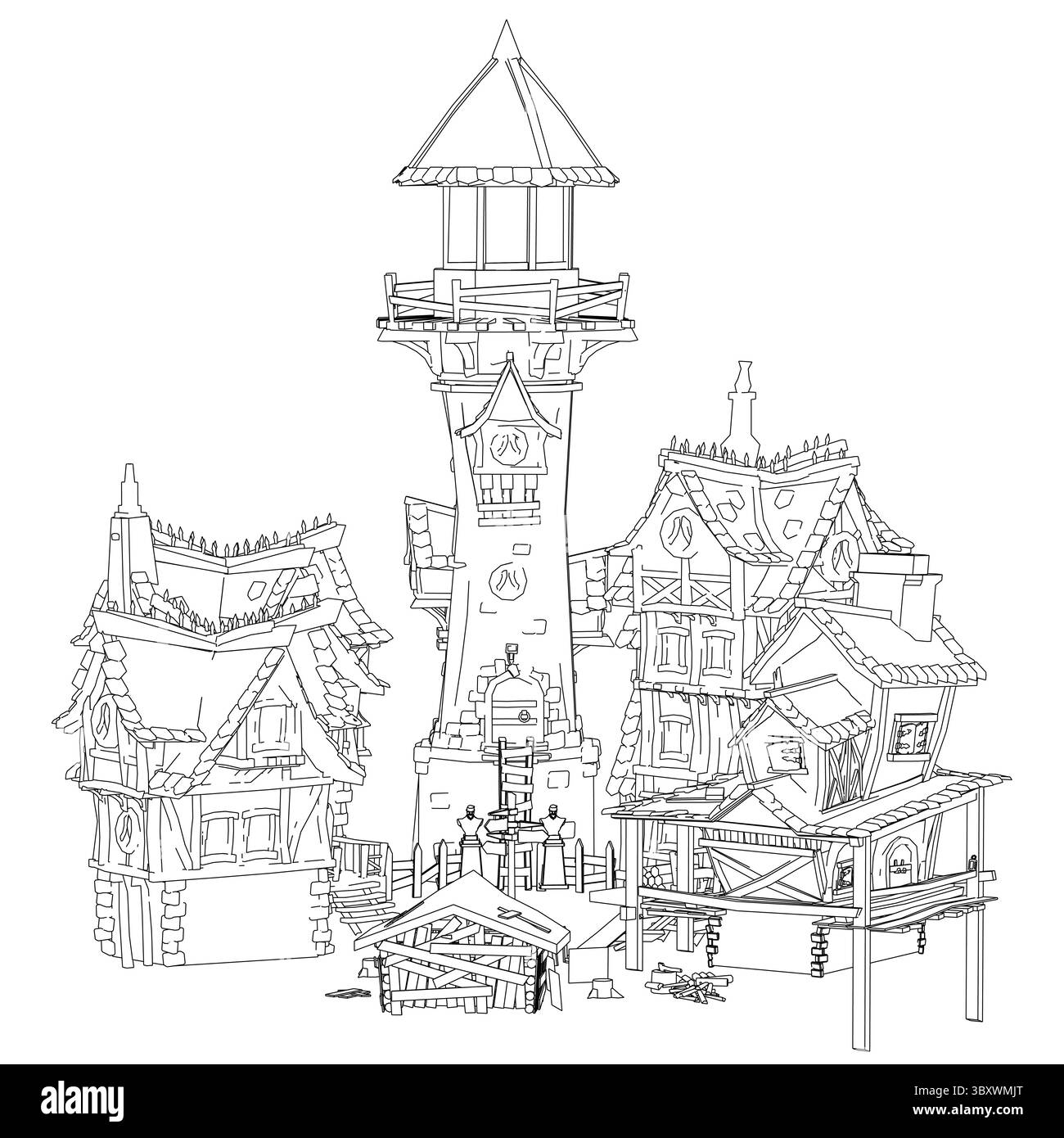 Un disegno di un piccolo villaggio con un alto faro nel centro. Le case sono piccole e fatte di legno, e ci sono diverse persone sparse Illustrazione Vettoriale