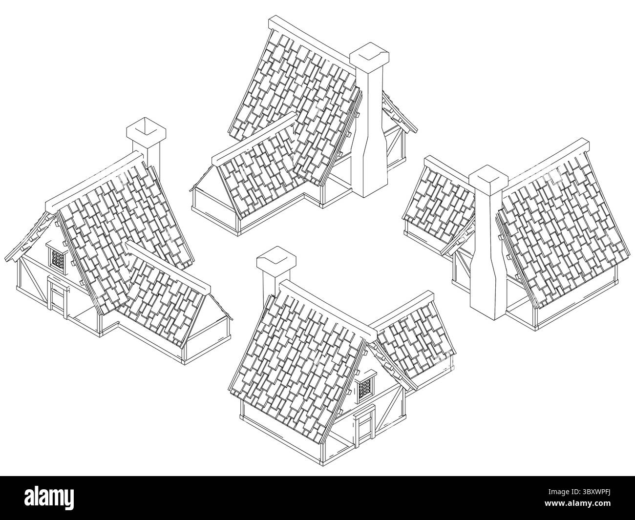 Quattro case con camini e un tetto. Le case sono di dimensioni e forme diverse. Le case sono tutte allineate di fila. Vista isometrica. 3D. Illustrazione Vettoriale