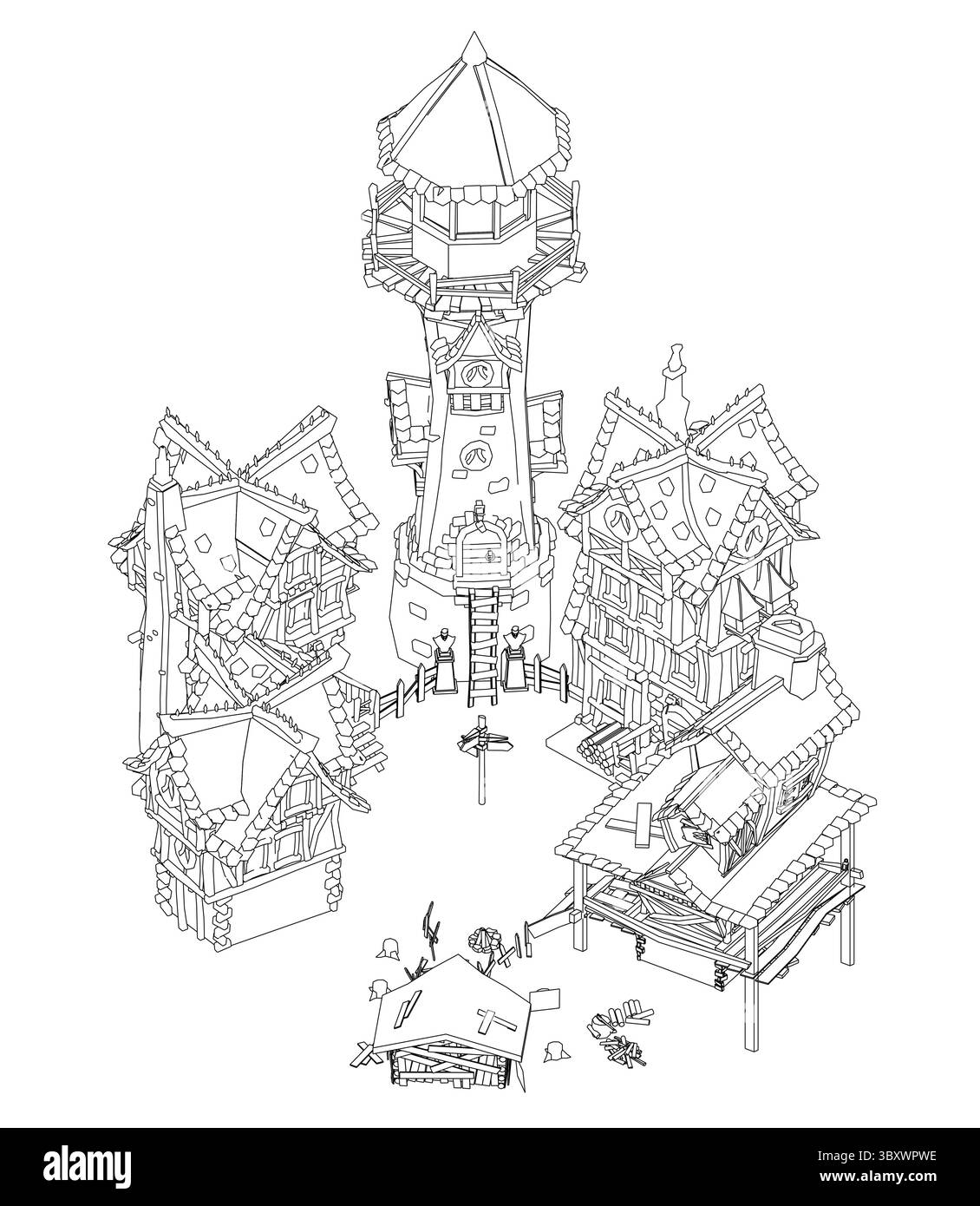 Un disegno di un villaggio con un castello sullo sfondo. Il castello è circondato da diversi edifici, e c'è una persona in primo piano. Scena Illustrazione Vettoriale