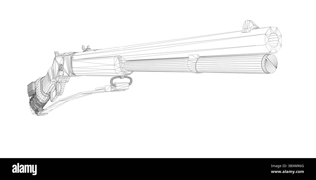 Una pistola è mostrata in bianco e nero. La pistola è lunga e ha un manico di legno. La pistola non è in uso e si trova su uno sfondo bianco Illustrazione Vettoriale