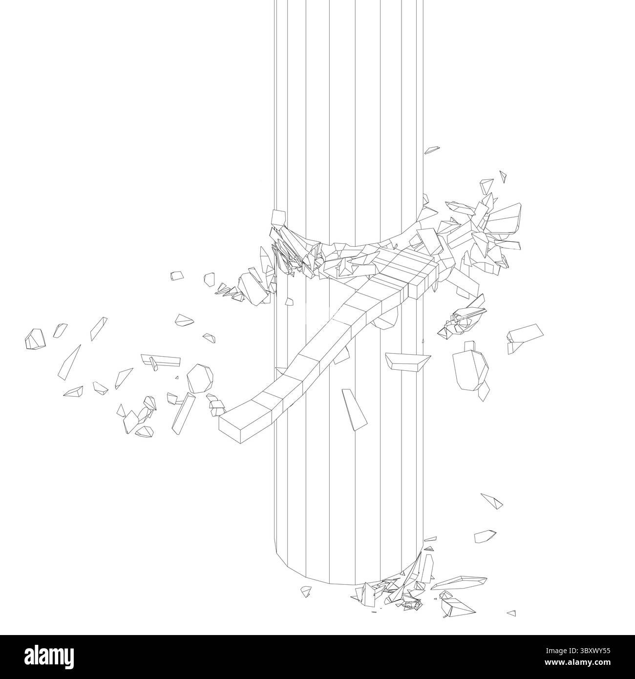Scena dinamica in cui un'ascia viene mostrata a metà dell'altalena e colpisce un albero. La progettazione utilizza linee pulite e forme geometriche per enfatizzare il movimento e l'impatto, catturando i Illustrazione Vettoriale
