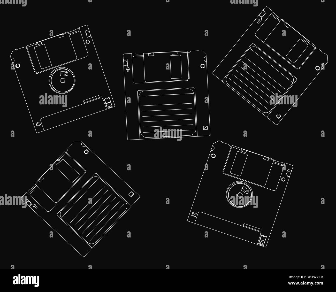 Una raccolta di dischi floppy è mostrata in un'illustrazione in bianco e nero. I dischi hanno tutte dimensioni e forme diverse, ma hanno tutti un de simile Illustrazione Vettoriale