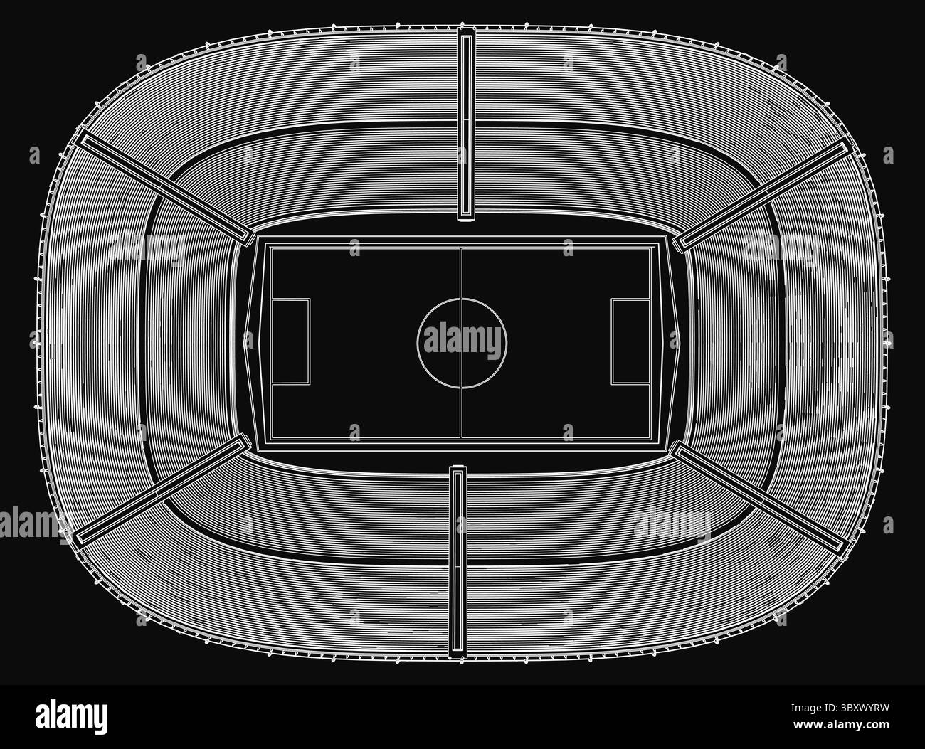 Illustrazione in bianco e nero dello stadio di calcio con linee di contorno dettagliate. Il design prevede la disposizione dei posti a sedere, un campo centrale, un Illustrazione Vettoriale Illustrazione in bianco e nero dello stadio di calcio con linee di contorno dettagliate. Il design prevede la disposizione dei posti a sedere, un campo centrale, un Illustrazione Vettoriale