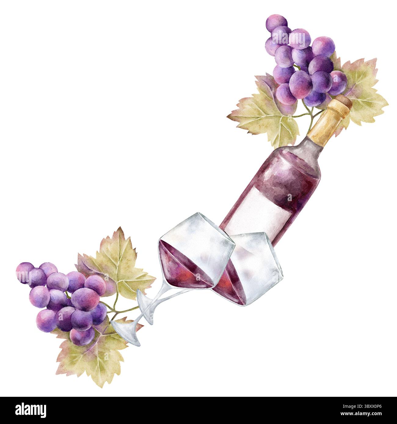 Composizione ad angolo acquerello con bottiglia di vino rosso, due bicchieri e grappoli di uva viola. Clipart dipinto a mano su sfondo bianco. Perfetto per il vino Foto Stock
