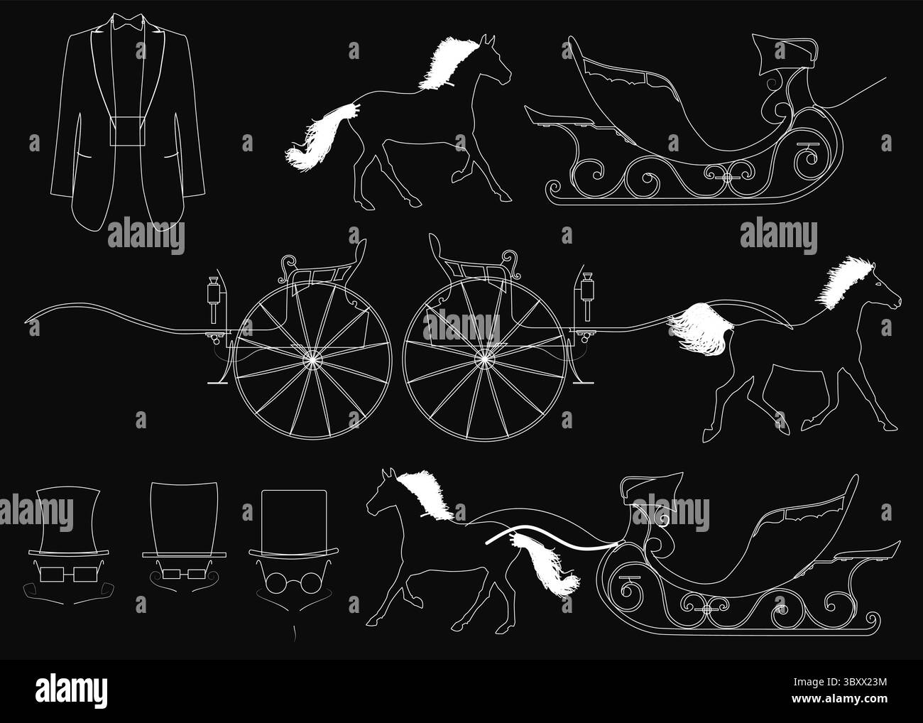 Una slitta trainata da cavalli in bianco e nero con un uomo in tuta e cappello, su uno sfondo scuro. La slitta presenta dettagli intricati come la h Illustrazione Vettoriale