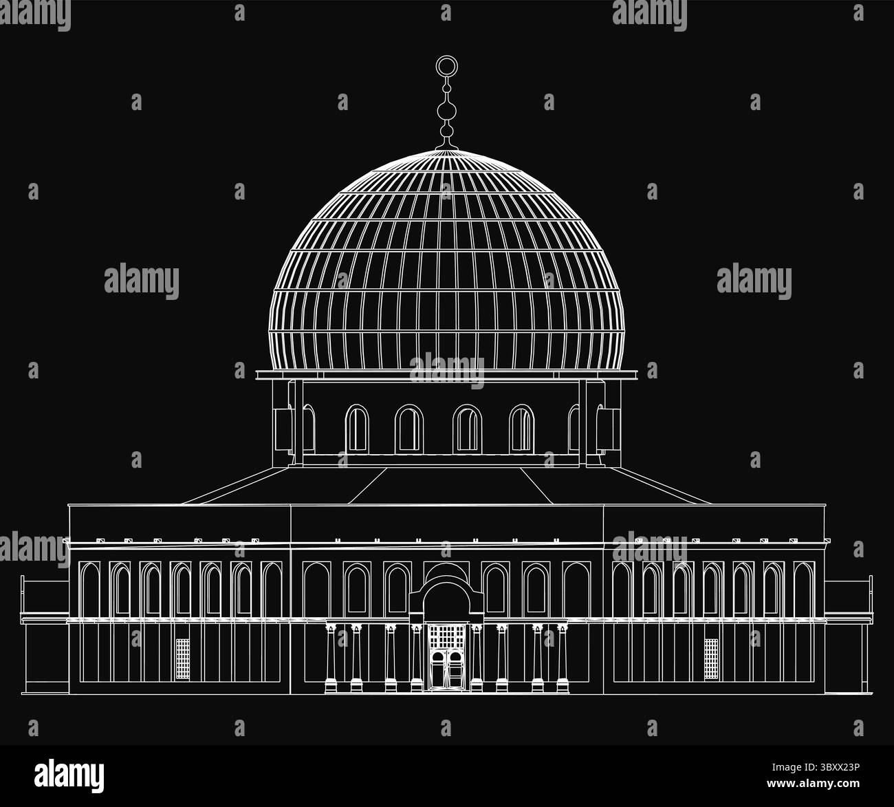 Progetto architettonico dettagliato di un grande edificio caratterizzato da una cupola prominente, che mostra disegni tecnici precisi con dimensioni etichettate. Il da Illustrazione Vettoriale