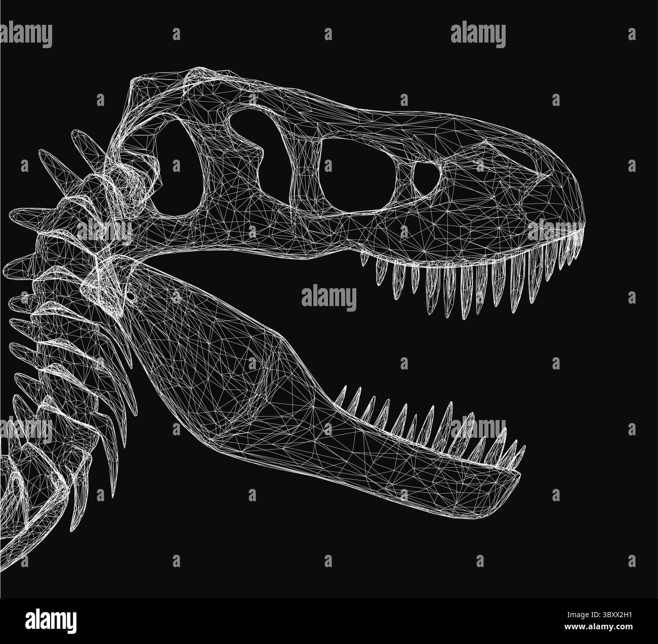 Teschio di Tyrannosaurus con struttura a reticolo 3D dettagliata che mostra linee e forme intricate per una testa di dinosauro realistica. Lo sfondo nero evidenzia Illustrazione Vettoriale