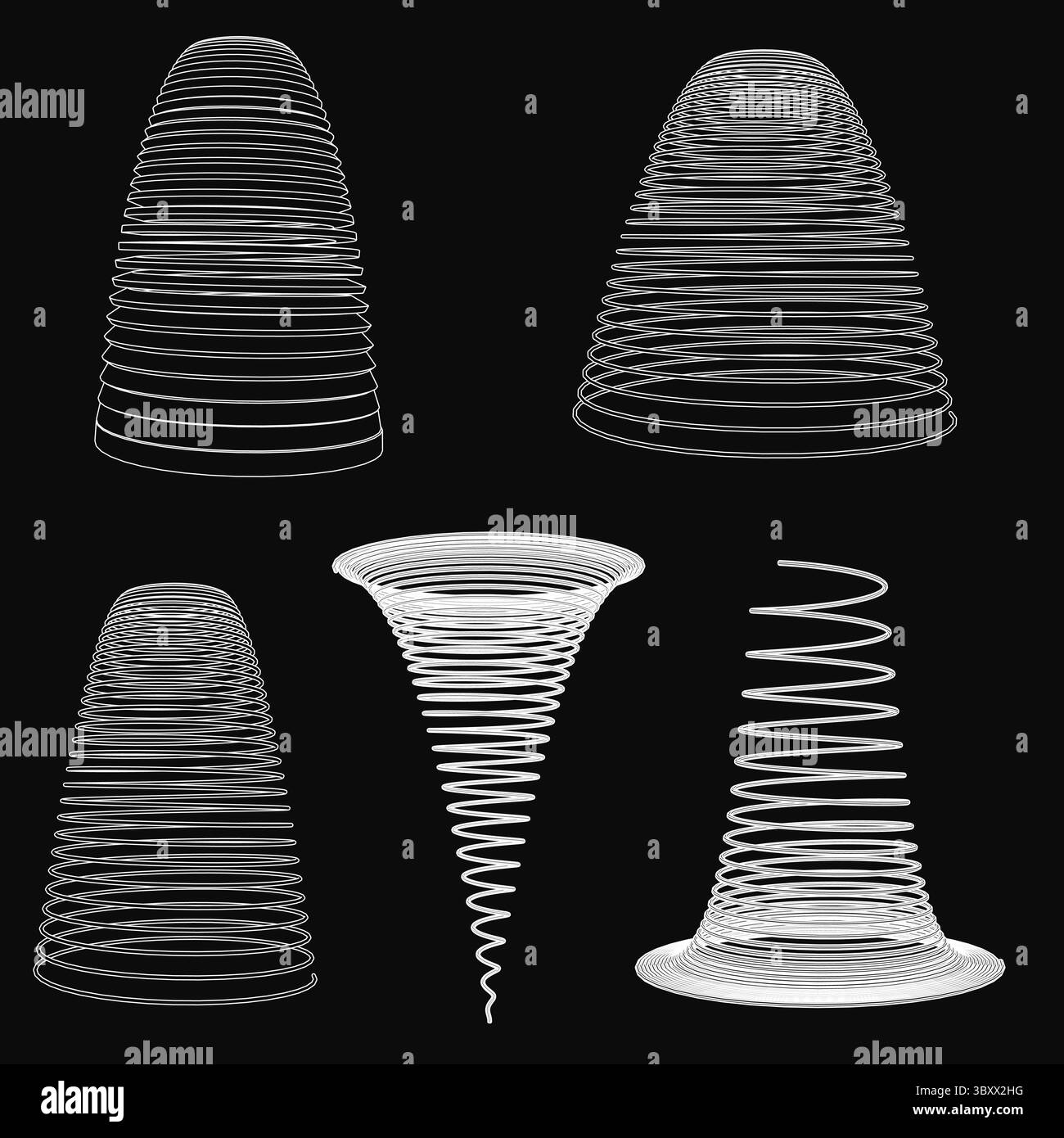 Molle a spirale di varie forme e dimensioni disposte in modo ordinato su uno sfondo nero. Le molle bianche contrastano nettamente con la superficie scura, Highlig Illustrazione Vettoriale