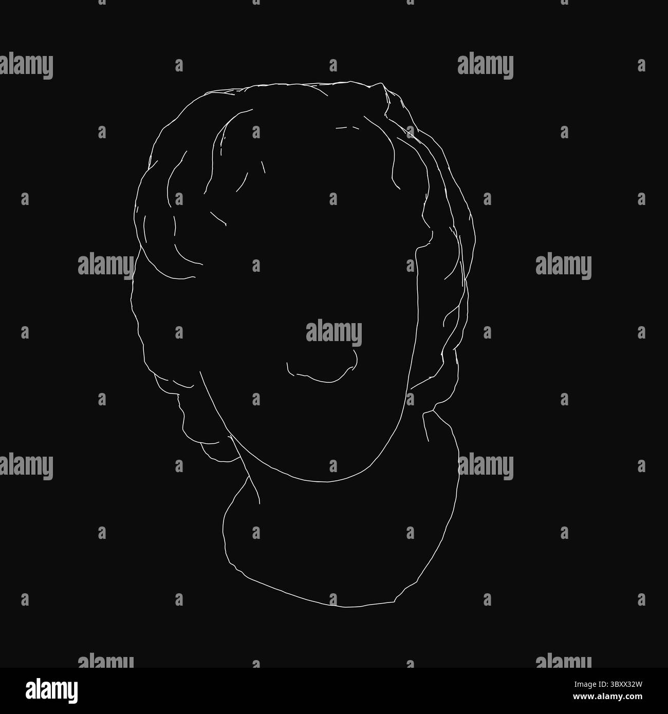 Un disegno in bianco e nero del volto di un uomo con forti elementi scultorei si distingue su uno sfondo scuro. Lo stile minimalista lo sottolinea Illustrazione Vettoriale