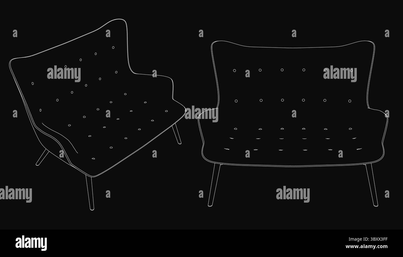 Le poltrone nere dal design moderno ed elegante presentano schienali ricurvi e gambe rastremate. Lo sfondo scuro accentua il contrasto sorprendente del blac Illustrazione Vettoriale