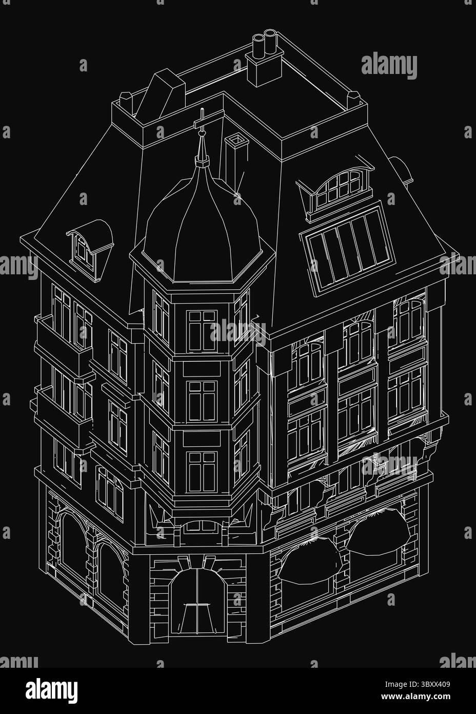 Disegno del contorno in bianco e nero di un edificio a cupola con intricati dettagli architettonici, su sfondo scuro per contrasto. La tubazione pulita a Illustrazione Vettoriale
