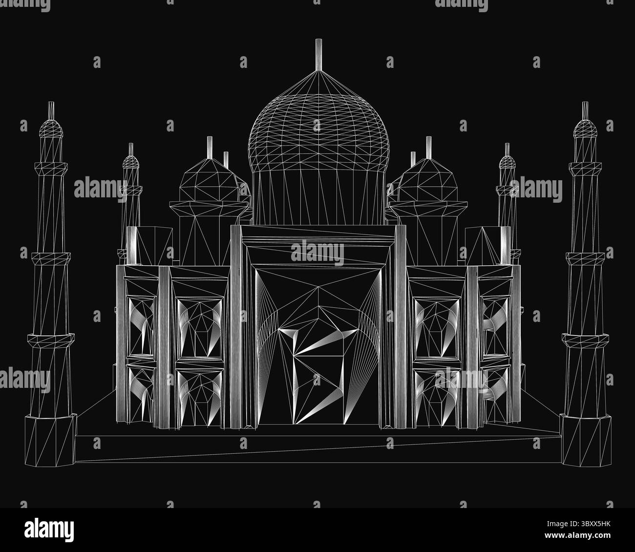 Il Taj Mahal si erge maestosamente in un dettagliato disegno in bianco e nero, che mostra i suoi intricati dettagli architettonici e le cupole simmetriche. Il buio ba Illustrazione Vettoriale