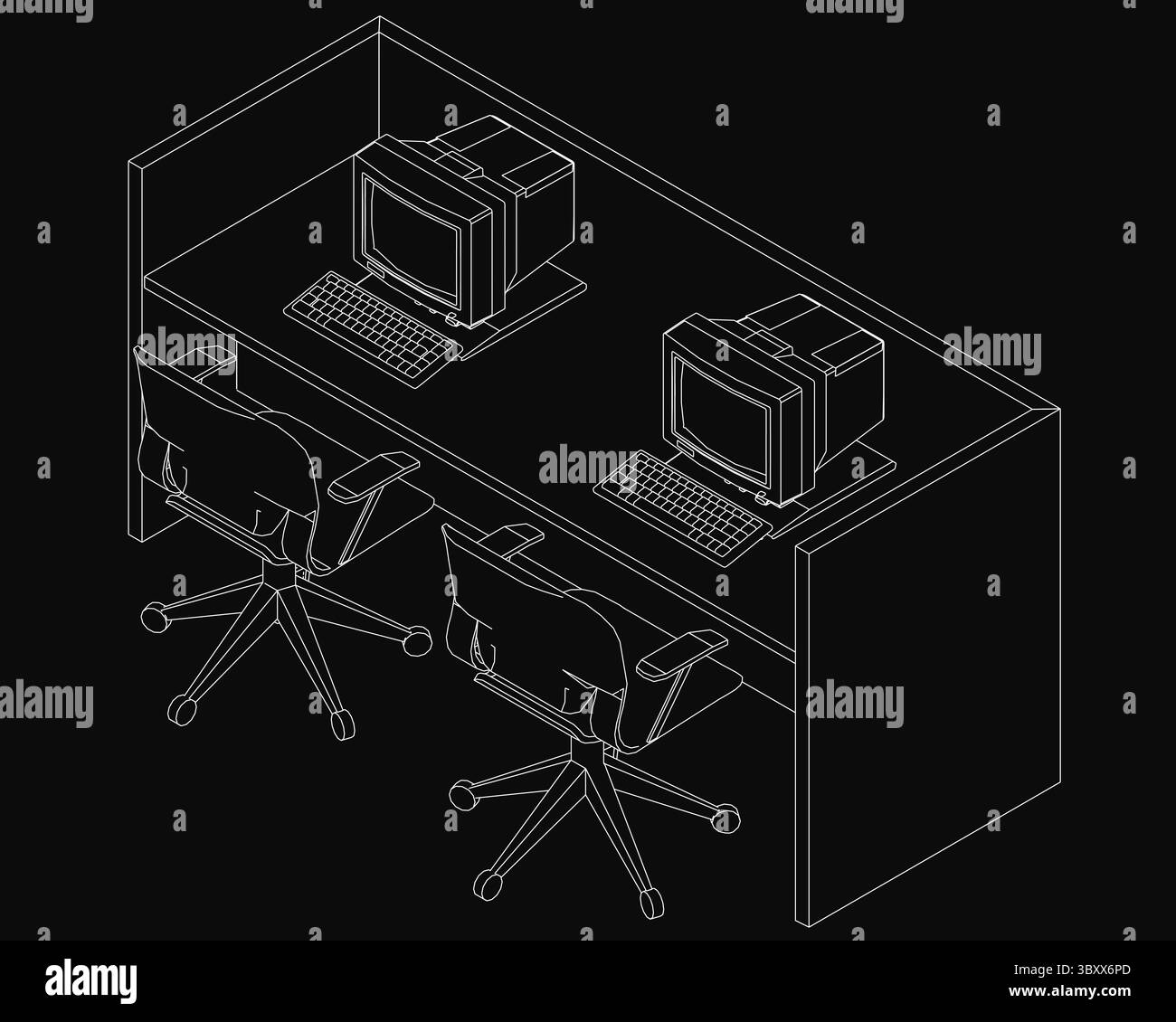 Un'elegante scrivania nera per computer con due monitor e una tastiera, progettata per uno spazio di lavoro moderno. Due sedie ergonomiche completano la configurazione, ideale per Illustrazione Vettoriale