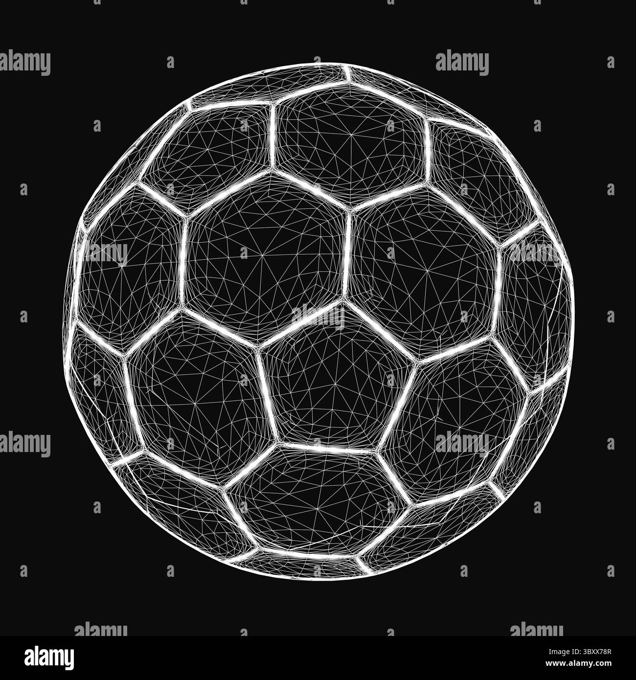 Un pallone da calcio a struttura a reticolo 3D composto da linee interconnesse e forme geometriche, che galleggia su un elegante sfondo nero. Il design complesso si evidenzia Illustrazione Vettoriale