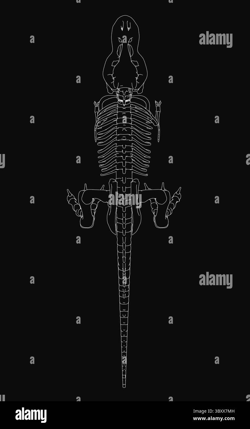 Un feroce scheletro T-Rex con denti affilati e ossa potenti, che tiene una spada d'acciaio nelle sue ganasce, isolato in linee bianche su sfondo nero. Deta Illustrazione Vettoriale