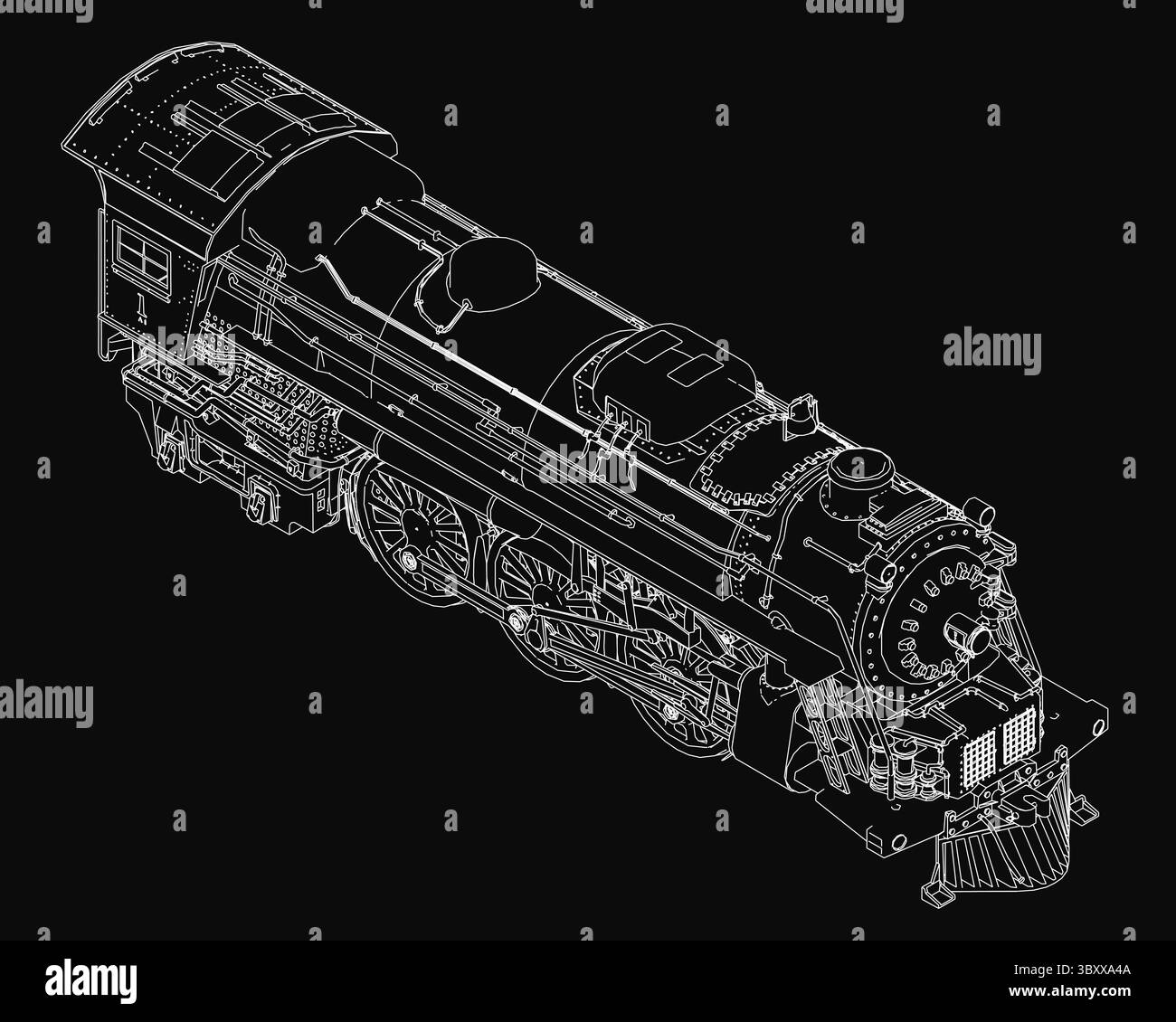 Una locomotiva a vapore d'epoca resa come un dettagliato modello 3D in bianco e nero, con componenti del motore complessi, ciminiere e ruote di grandi dimensioni Illustrazione Vettoriale