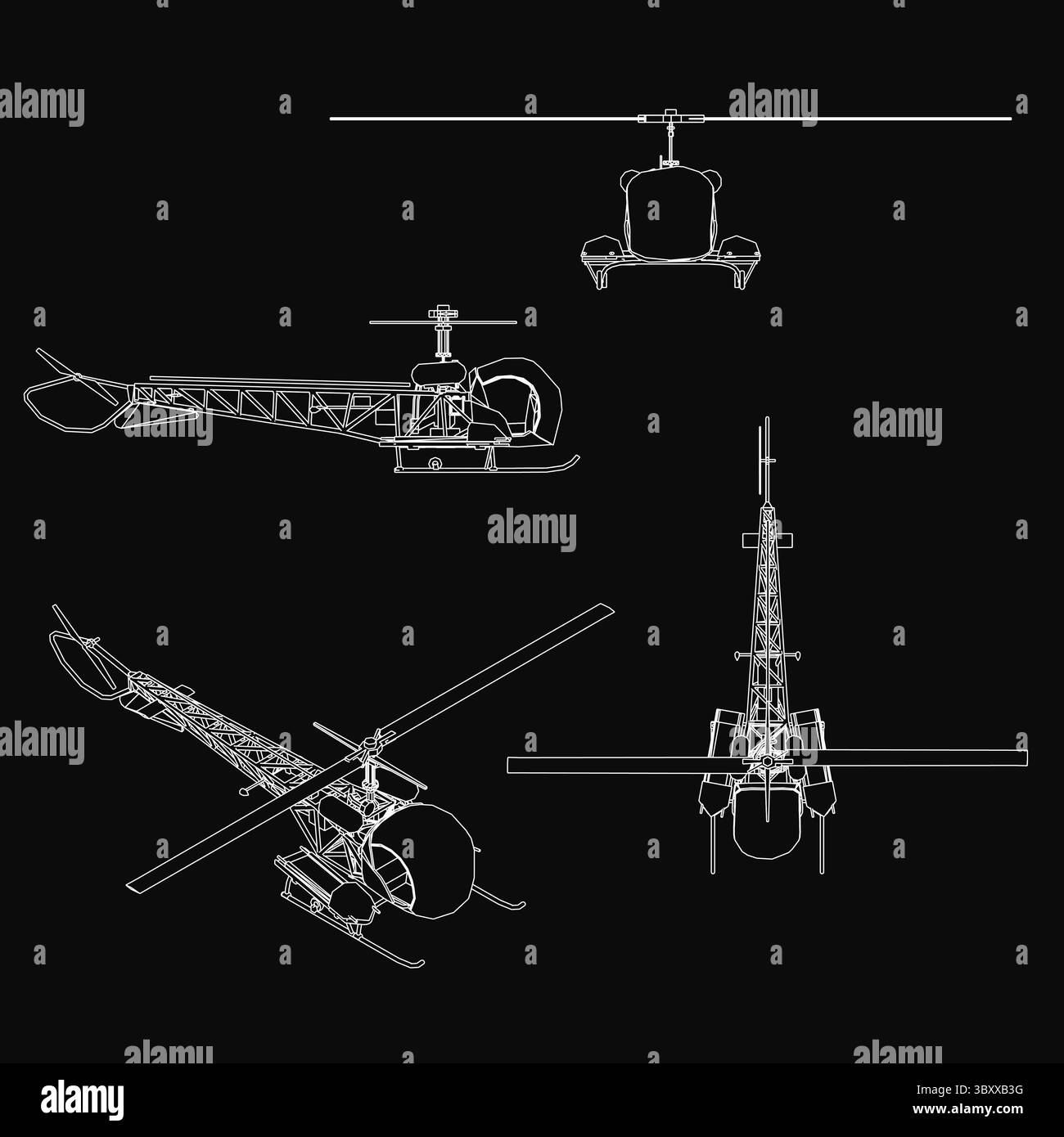Il progetto dettagliato di un elicottero su sfondo nero mette in evidenza le pale del rotore, la sezione della coda, la cabina di pilotaggio e il carrello di atterraggio. Presentazioni degli schemi tecnici Illustrazione Vettoriale