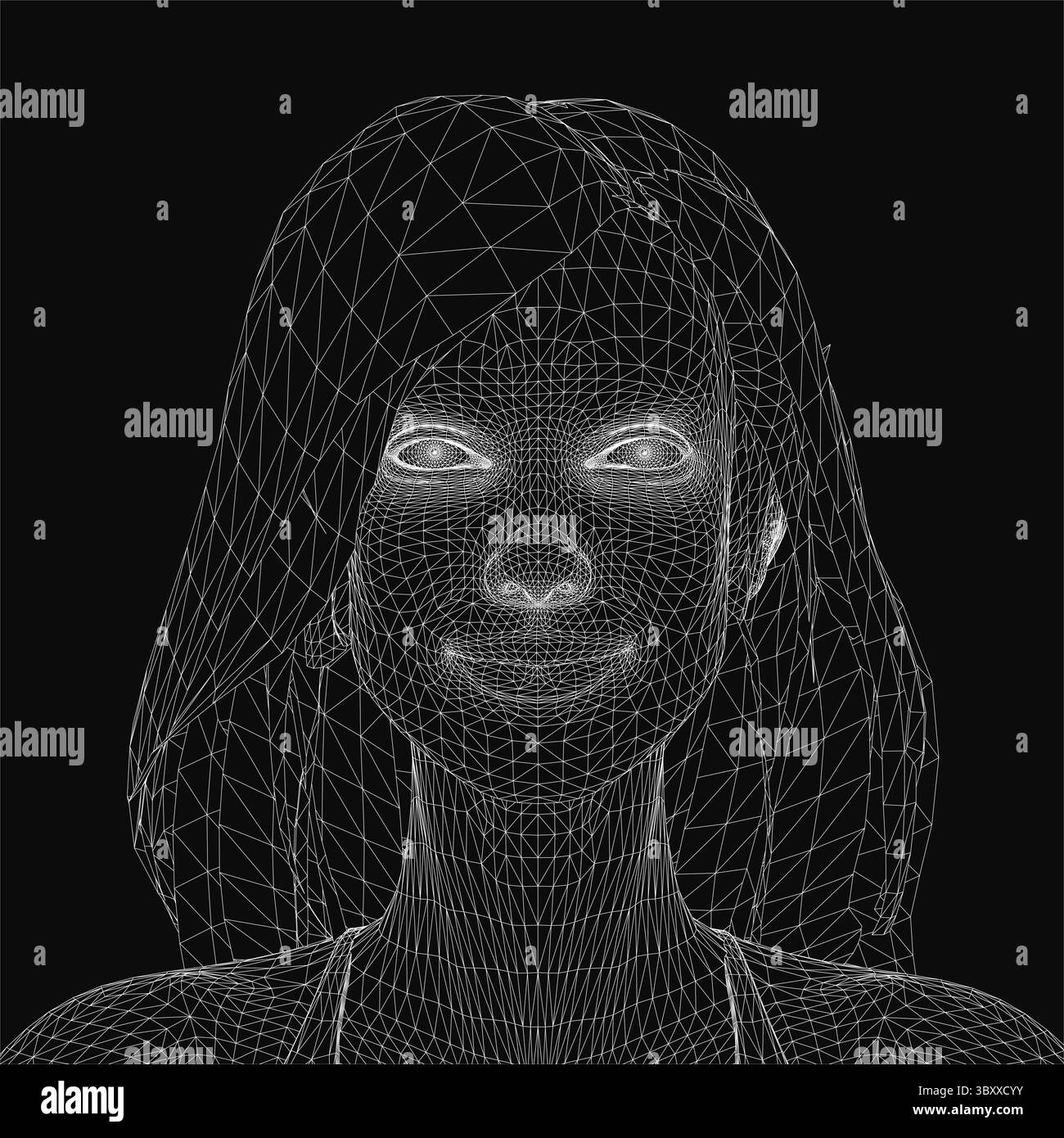 Struttura a reticolo 3D del volto di una donna con capelli lunghi, composta da linee intricate e forme geometriche, che crea una rappresentazione digitale realistica. Il de Illustrazione Vettoriale