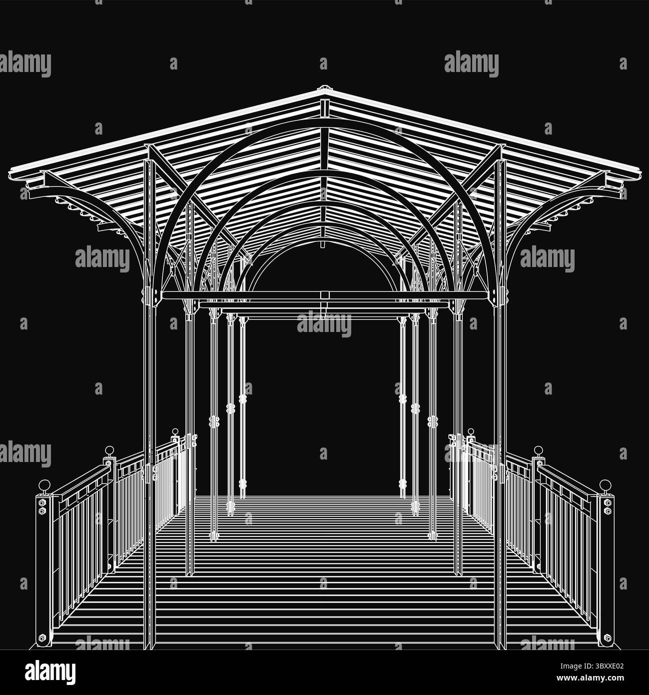 Gazebo bianco e nero con scale, circondato da ringhiere e colonne ornate, evocano un'estetica vintage. Lo sfondo scuro esalta il mysteriou Illustrazione Vettoriale