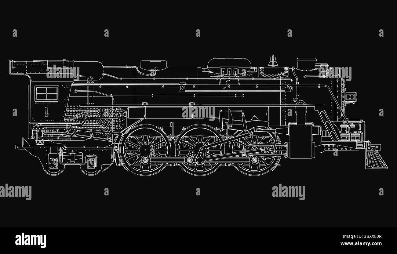 Locomotiva a vapore d'epoca con illustrazioni dettagliate in bianco e nero, che mostra il motore, le ruote e gli intricati componenti meccanici. Il controverso audace Illustrazione Vettoriale