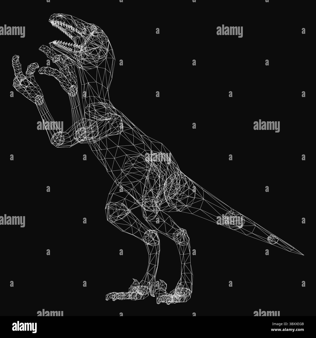 Un feroce dinosauro T-Rex in formato wireframe 3D, ruggente con la bocca spalancata su uno sfondo scuro. La struttura scheletrica dettagliata evidenzia s. Illustrazione Vettoriale
