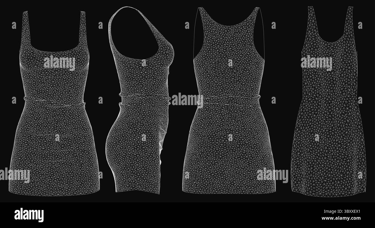 Quattro eleganti abiti in bianco e nero esposti in fila, ognuno caratterizzato da un design distinto con linee pulite e tonalità contrastanti. Il dorso nero pieno Illustrazione Vettoriale