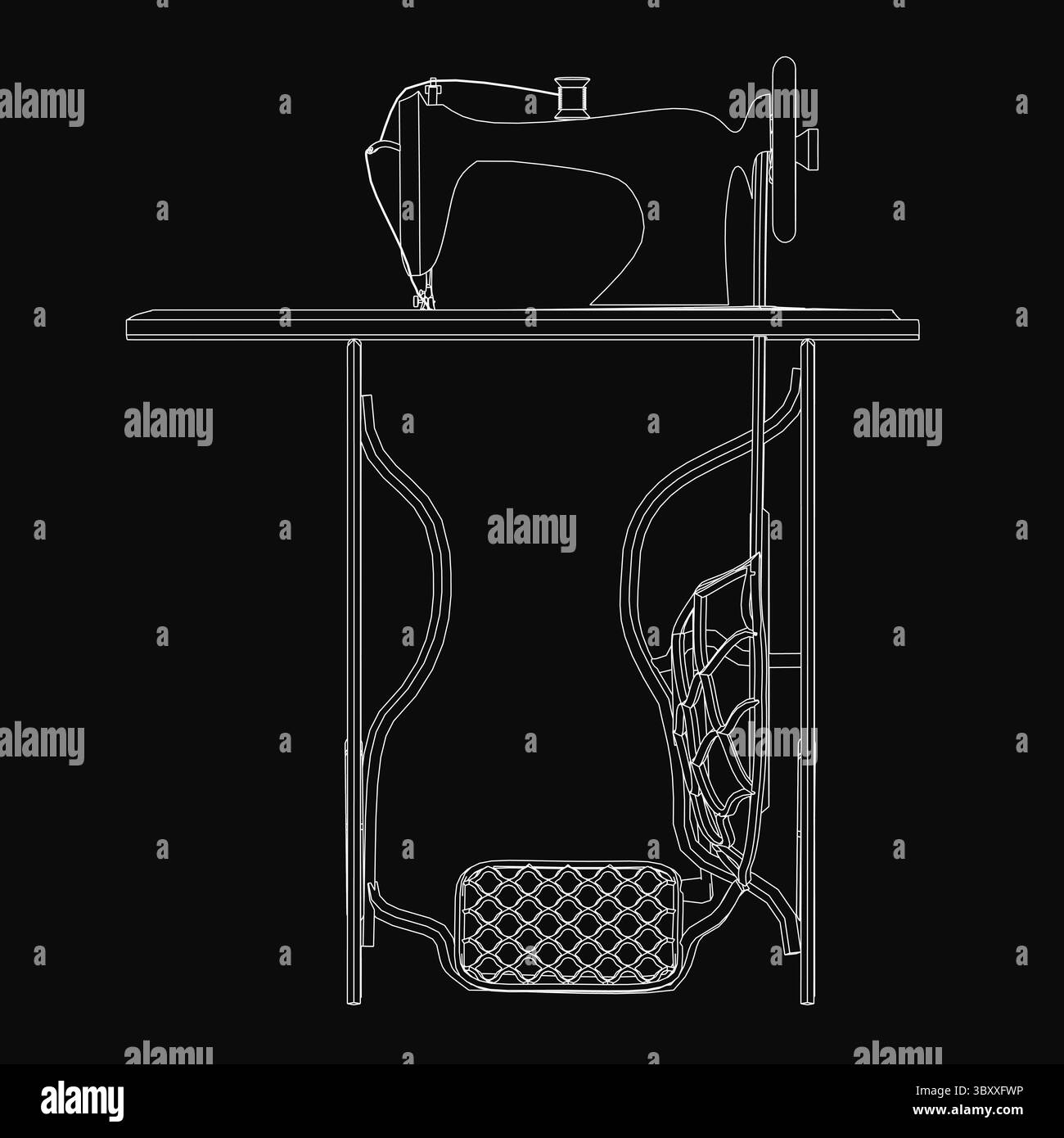 Illustrazione della macchina da cucire in bianco e nero con dettagli complessi, tra cui stelo, ago, filettatura e pedale. Il netto contrasto Illustrazione Vettoriale