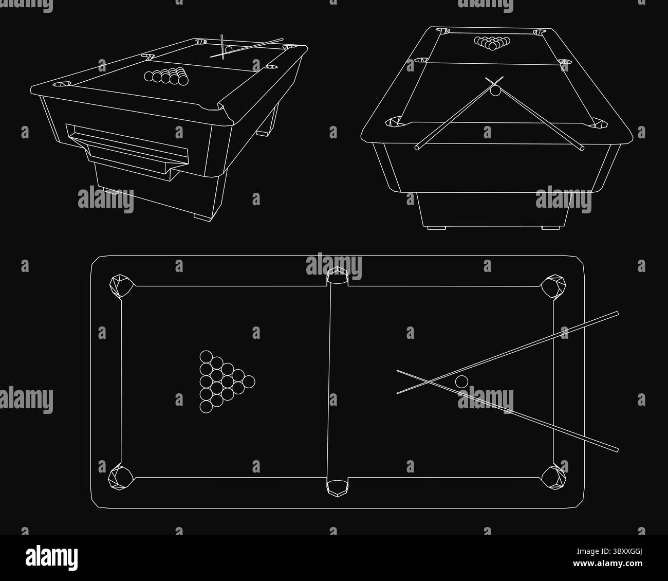 Un disegno bianco e nero di un set da biliardo con un tavolo da biliardo con segnapunti e palle disposti per il gioco. Lo sfondo scuro enfatizza il classico g Illustrazione Vettoriale
