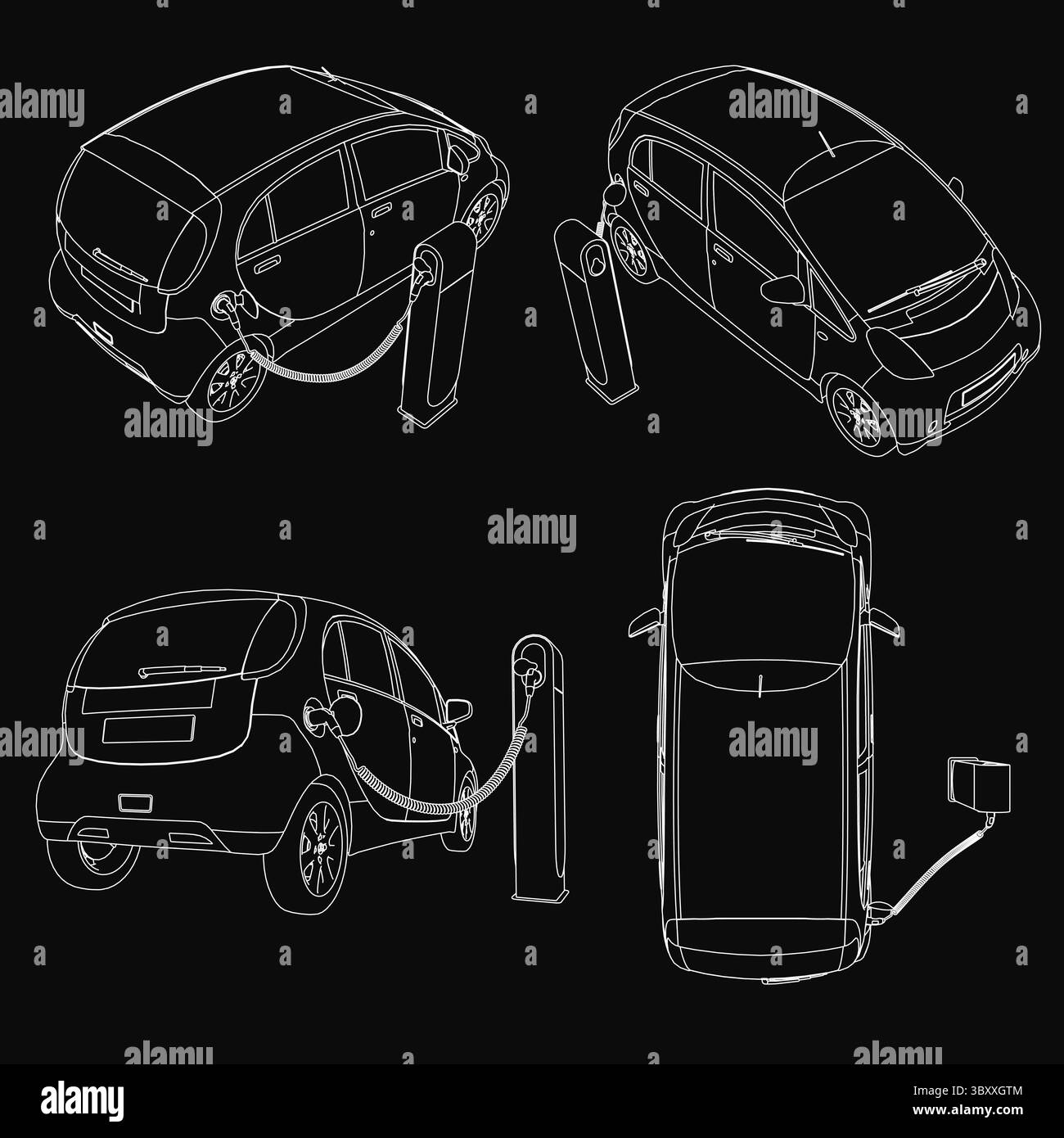 Quattro eleganti auto elettriche mostrate su sfondo nero, disposte a griglia. Ogni veicolo presenta design distinti, tra cui un esclusivo headligh Illustrazione Vettoriale