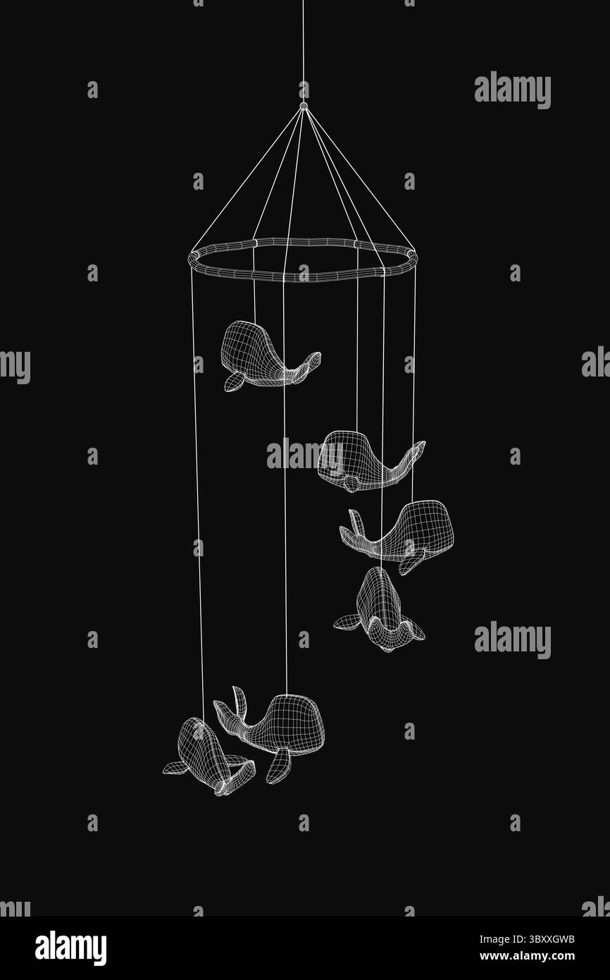 Un disegno in bianco e nero di un mobile balena appeso a una corda, con diverse balene di varie dimensioni e colori vivaci disposti in una circolare Illustrazione Vettoriale