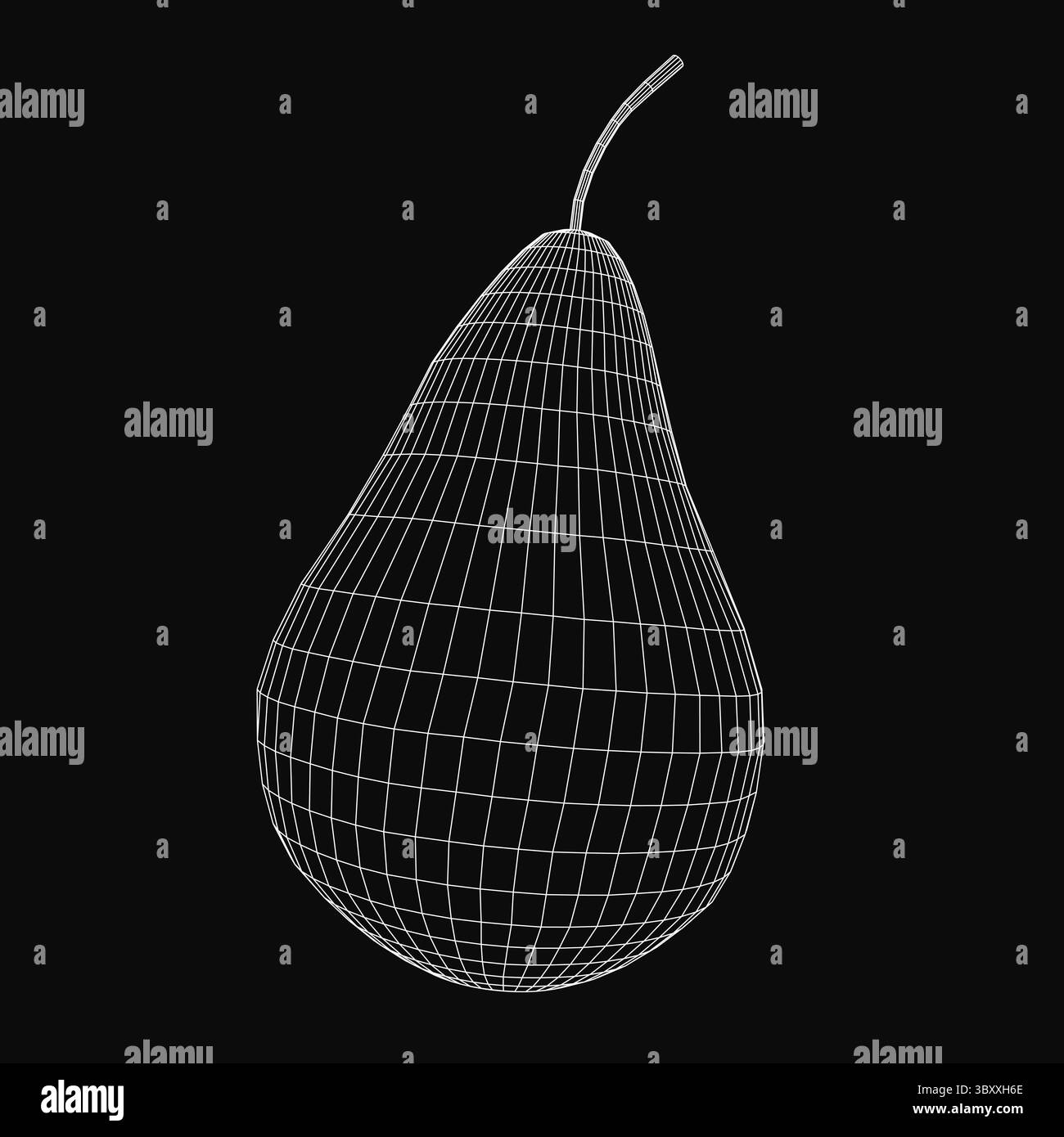 Modello 3D a reticolo di una pera con ombreggiature realistiche e dettagli di mesh complessi, isolato su un elegante sfondo nero. Il rendering digitale viene evidenziato Illustrazione Vettoriale