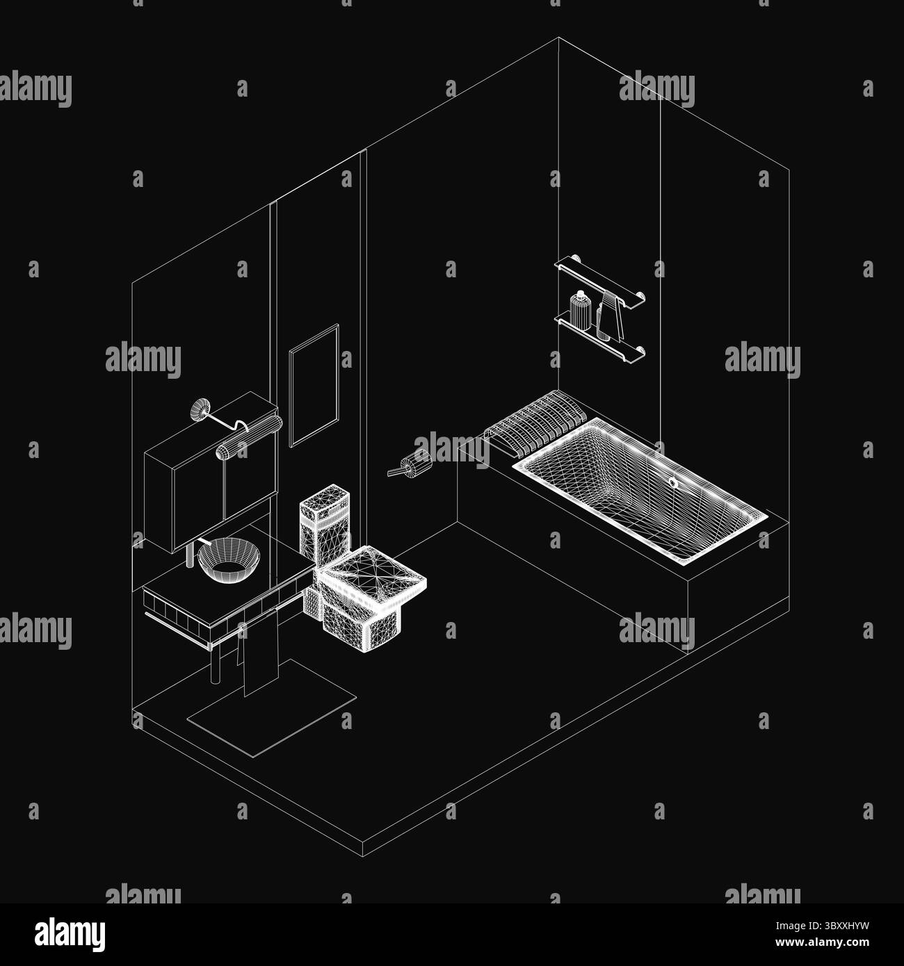 Un disegno in bianco e nero dell'interno di un bagno con lavandino centrale con rubinetto e specchio, vasca a destra e pareti visibili nella Illustrazione Vettoriale