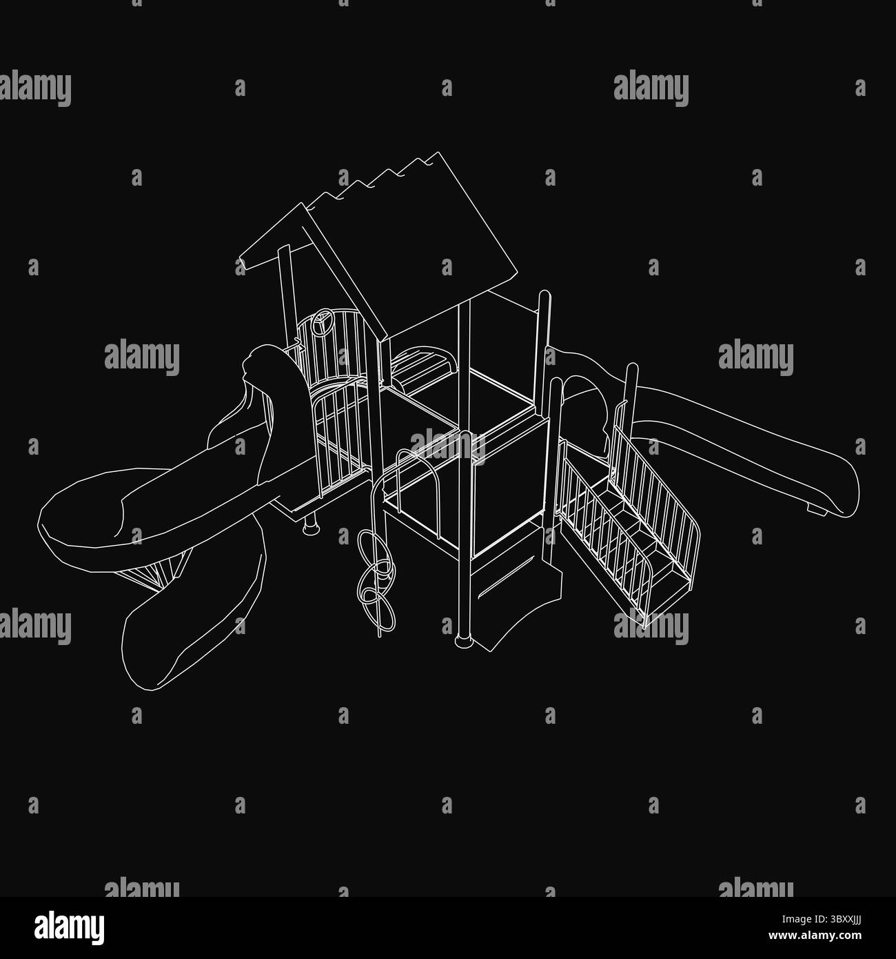 Un set altalena in legno con scivolo si staglia in bianco e nero, disegnato con linee pulite su sfondo scuro. Il parco giochi dispone di Illustrazione Vettoriale