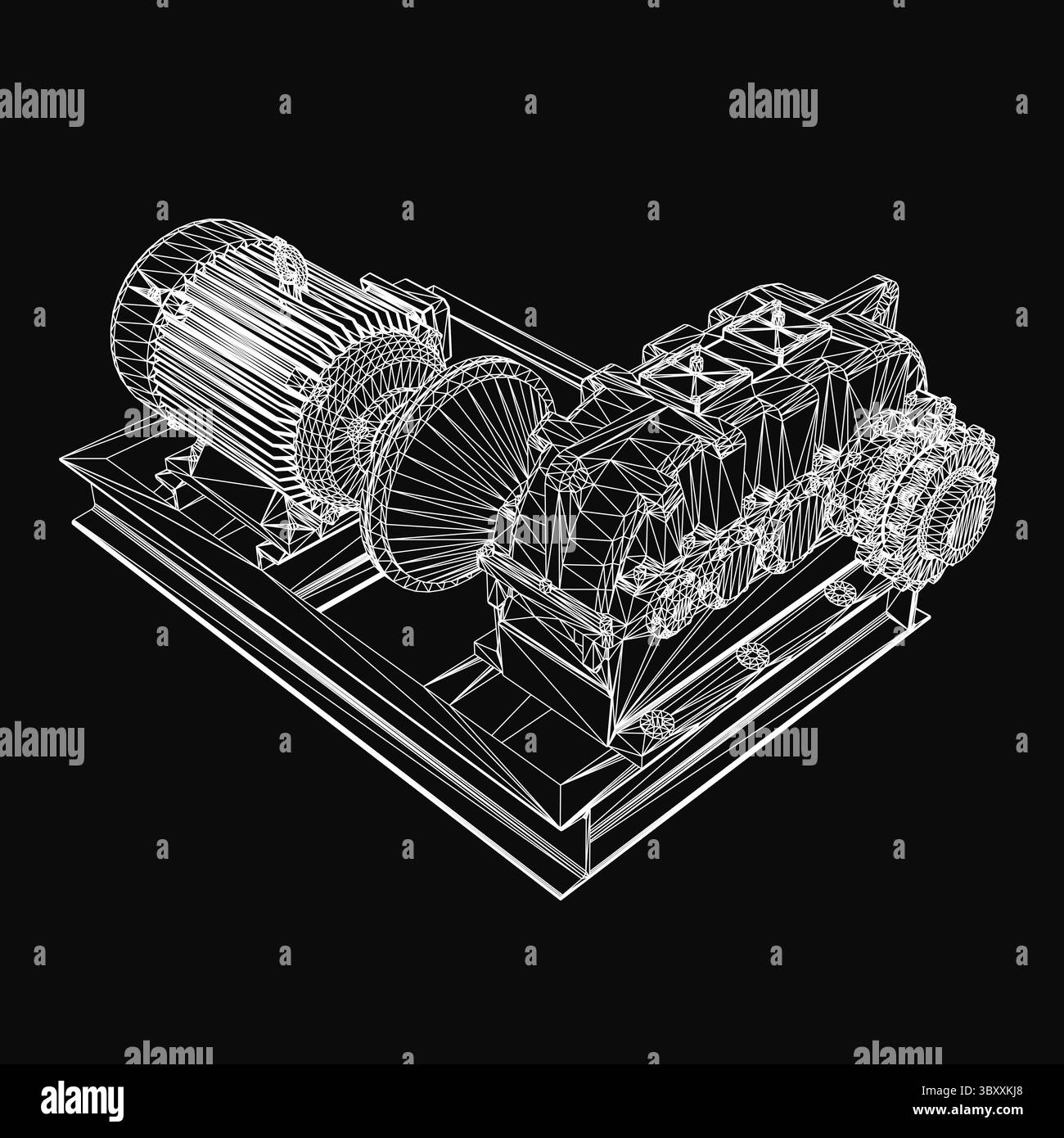 Modello a reticolo 3D di un cambio industriale con dettagli meccanici complessi, su sfondo nero. La rappresentazione realistica è più alta Illustrazione Vettoriale