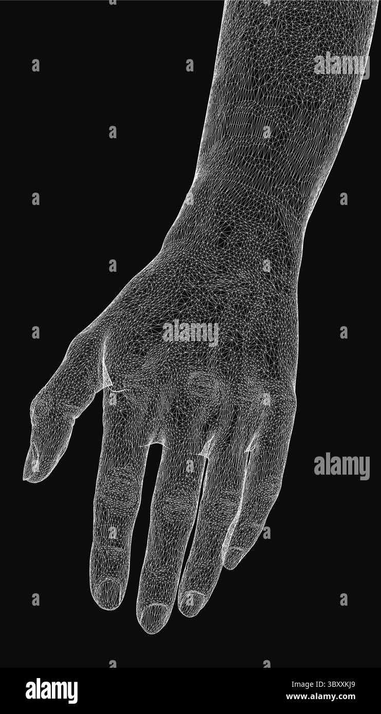 Struttura poligonale di una mano umana con sfaccettature geometriche, resa monocromatica contro un vuoto scuro. La mesh digitale crea un futuristico, a basso contenuto di poli Illustrazione Vettoriale