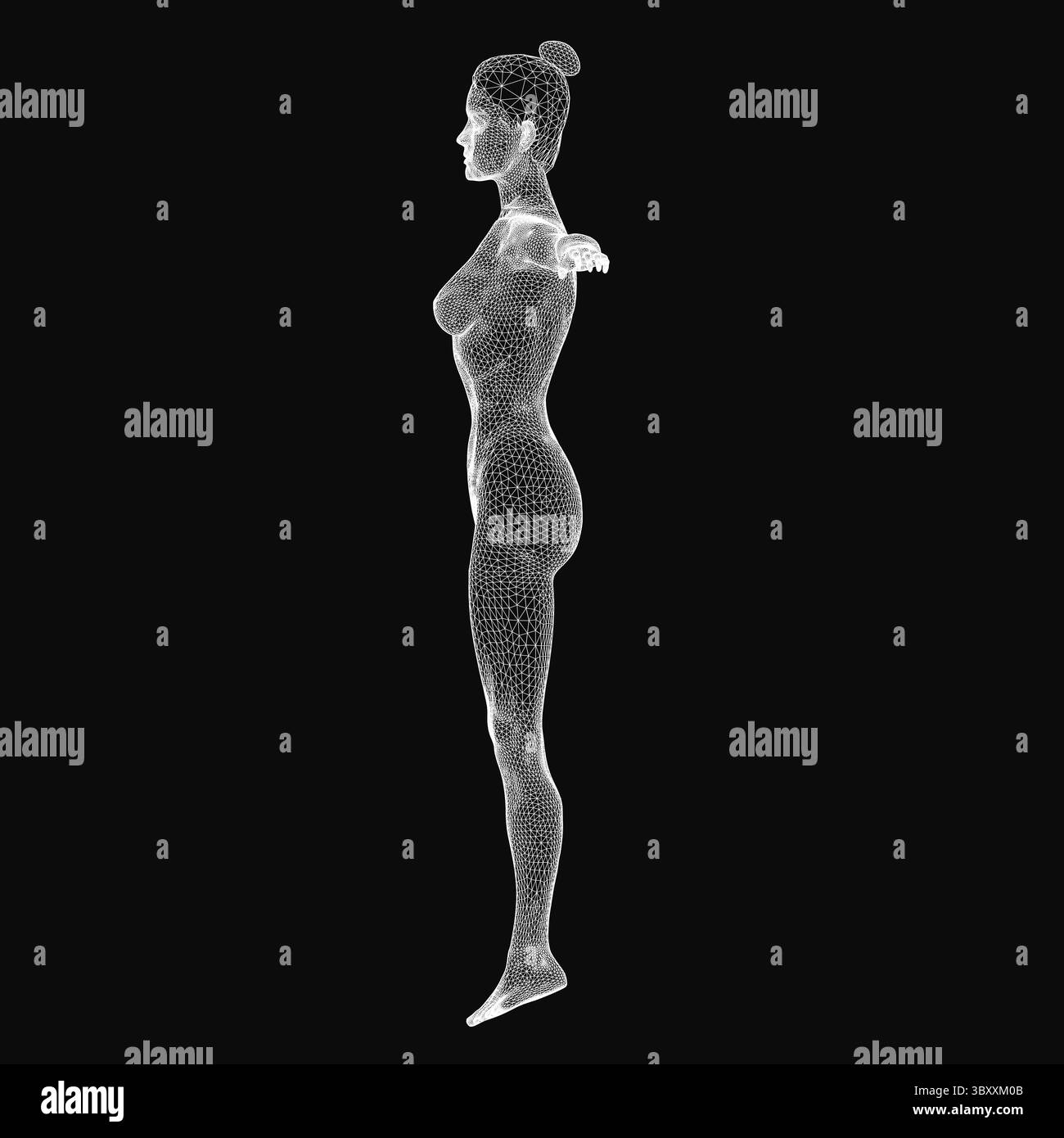 Donna a reticolo in posa neutra, con un modello 3D digitale dalle linee geometriche pulite. La struttura della mesh trasparente evidenzia l'anAtom Illustrazione Vettoriale Donna a reticolo in posa neutra, con un modello 3D digitale dalle linee geometriche pulite. La struttura della mesh trasparente evidenzia l'anAtom Illustrazione Vettoriale