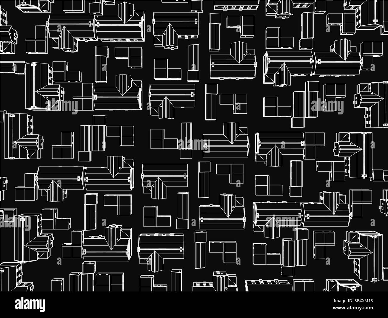 Sfondo nero con contorni geometrici bianchi che creano motivi simili a quelli di una casa. Design astratto con linee pulite, estetica moderna e contrasto elevato. Illustrazione Vettoriale Sfondo nero con contorni geometrici bianchi che creano motivi simili a quelli di una casa. Design astratto con linee pulite, estetica moderna e contrasto elevato. Illustrazione Vettoriale