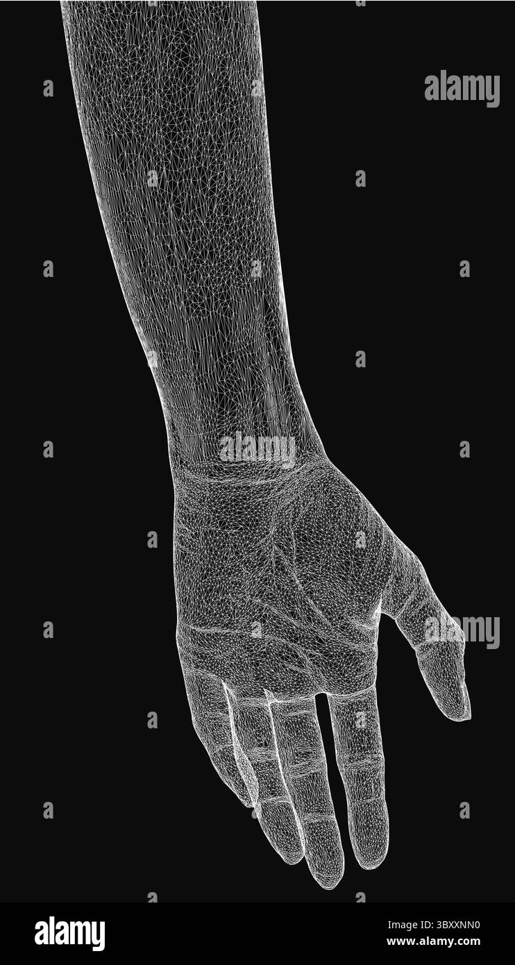 Struttura poligonale di una mano umana con sfaccettature geometriche, resa monocromatica contro un vuoto scuro. La mesh digitale crea un futuristico, a basso contenuto di poli Illustrazione Vettoriale