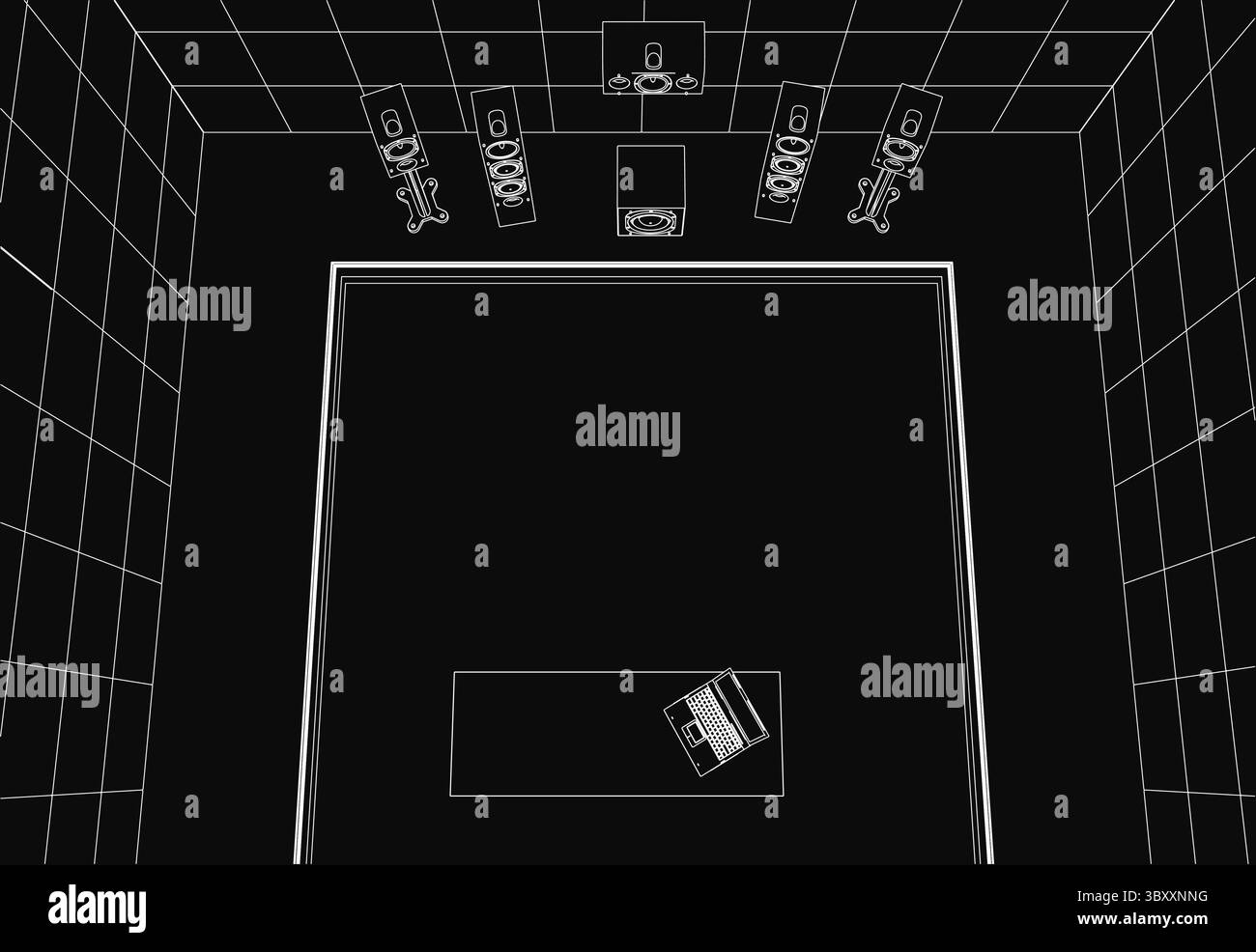 Una fila di altoparlanti con contorno bianco disposti simmetricamente su sfondo nero, caratterizzati da forme e dimensioni diverse e da un design lineare. Il contr. Duro Illustrazione Vettoriale