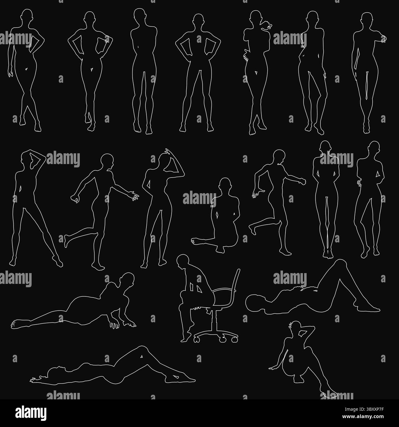 Le silhouette di una ragazza e altre figure in pose dinamiche si distinguono in bianco su uno sfondo nero. Il design pulito e ad alto contrasto enfatizza il mov Illustrazione Vettoriale