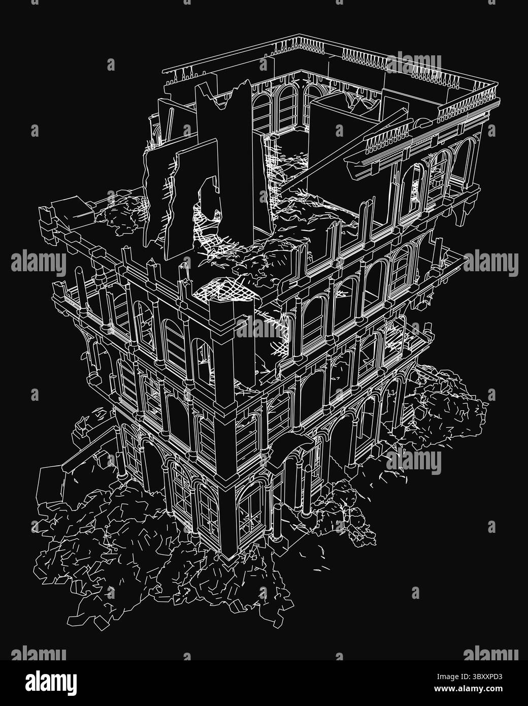 Un disegno bianco e nero di un edificio distrutto con finestre rotte e pareti sbriciolate, adagiato su uno sfondo scuro. La struttura appare abando Illustrazione Vettoriale